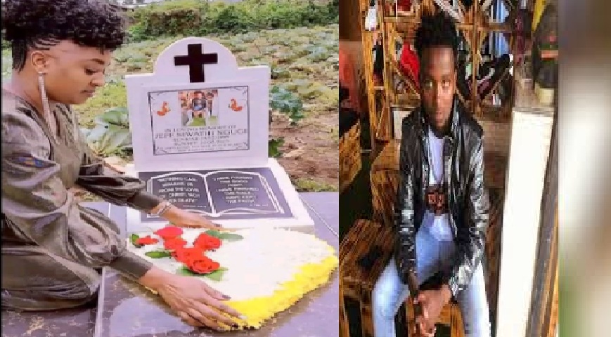 A past photo of Jeff Mwathi's mother attending to his grave
